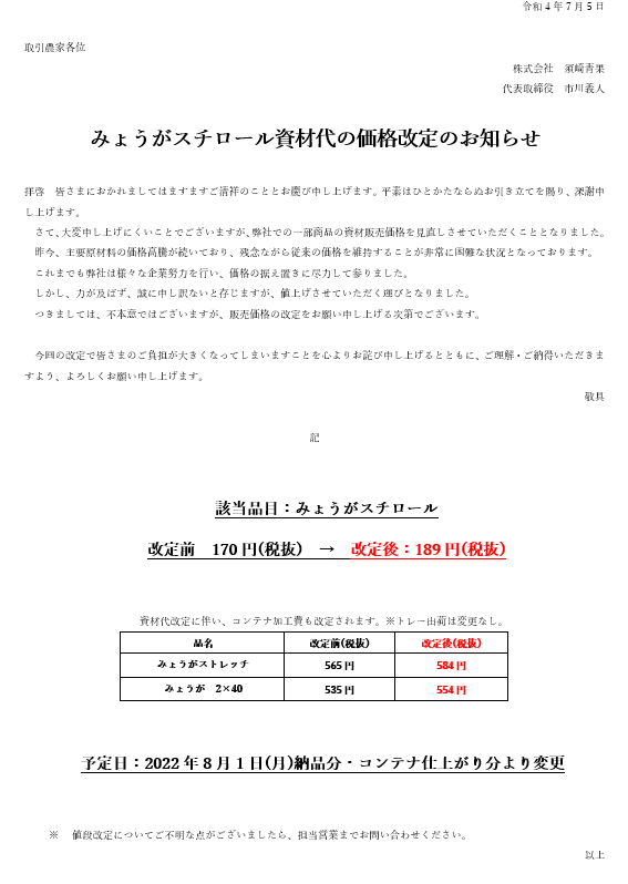 50%OFF みょうがスチロール資材代の価格改定のお知らせ 株式会社須崎青果 - ケーブル・シールド
